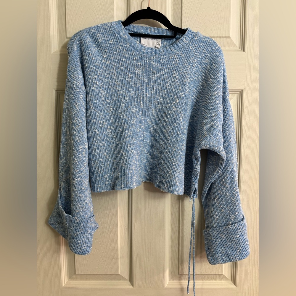 ASOS Light Blue Marled Cropped Crewneck Spring Fall Sweater Folded Sleeve